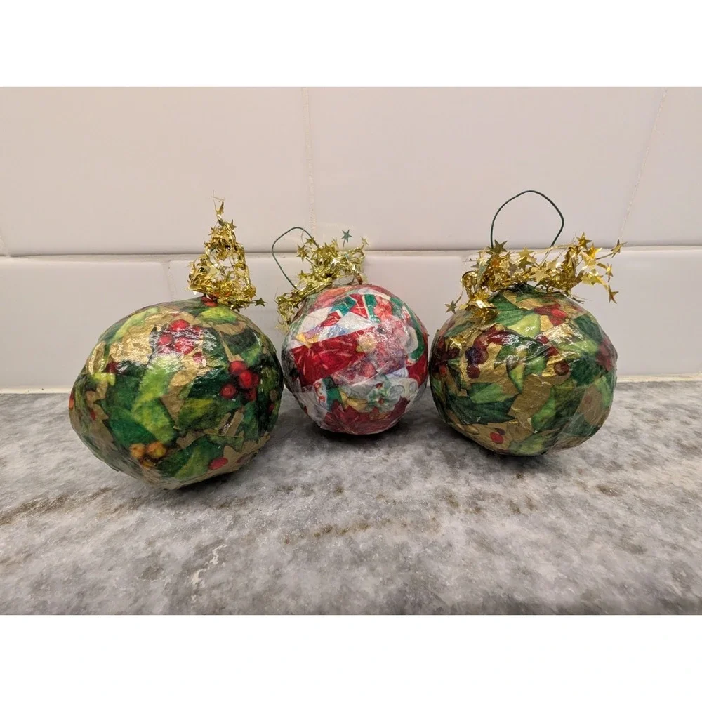 (3) Handmade Decoupage Round Ball‎ Ornaments Christmas